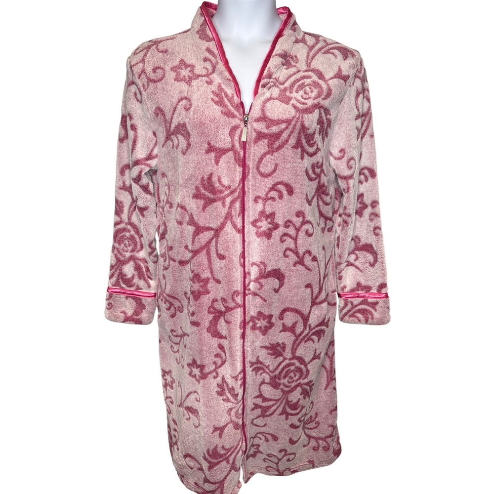 Lati Fashion Womens Pink Floral Fleece Full Zip Robe Housecoat Sz M Grandmacore